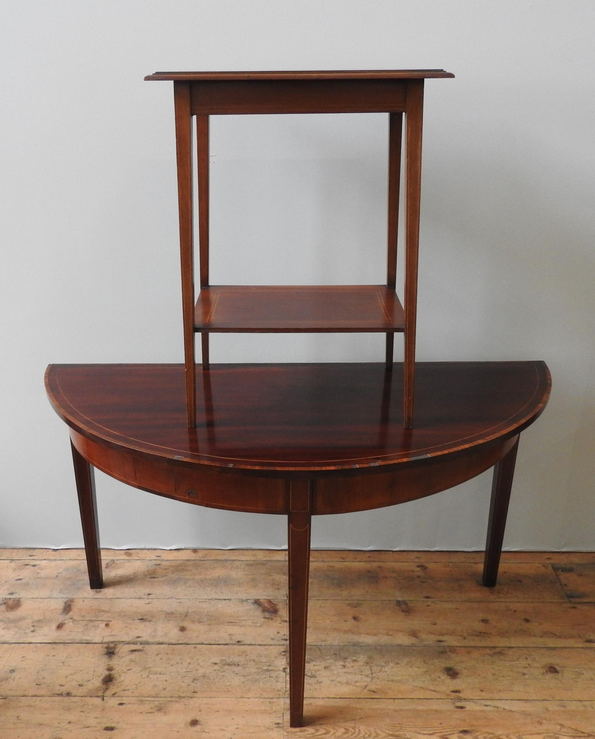 A 19TH CENTURY MAHOGANY STRING INLAID DEMI LUNE TABLE AND A MAHOGANY STRING INLAID LAMP TABLE, the - Image 3 of 3