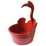 A JAPANESE WOODEN BUCKET, tapered circular shape,in the form of a crane, crimson painted, 56 cm