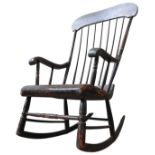 A 19TH CENTURY AMERICAN ROCKING CHAIR, the top rail painted with a folk art scene of trees and