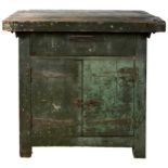 A RECLAIMED TIMBER SIDE CUPBOARD, heavy duty construction with oak timbers and iron brackets and