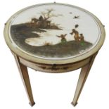 A JAPANNED LAMP TABLE, mid 20th century, the circular top embossed with gilded figural landscape