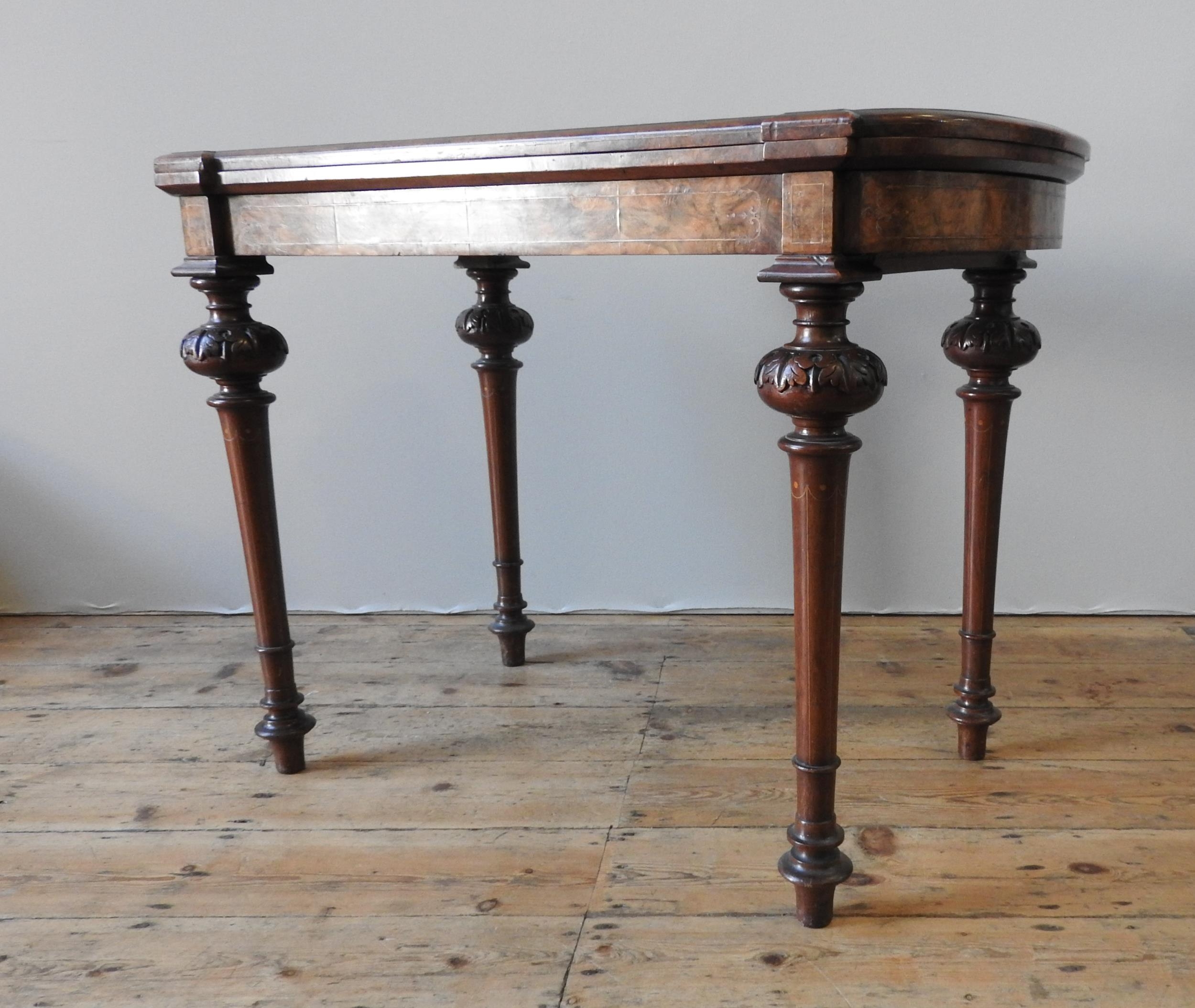 A VICTORIAN BURR WALNUT CARD TABLE, the swivel top folding open to reveal a baize lined interior, - Image 2 of 4