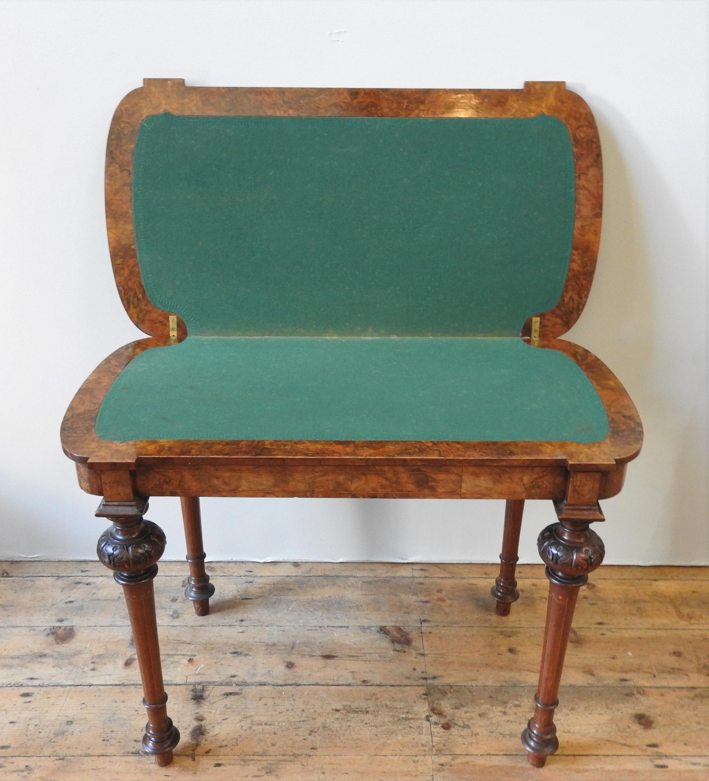 A VICTORIAN BURR WALNUT CARD TABLE, the swivel top folding open to reveal a baize lined interior, - Image 4 of 4