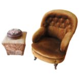 A 19TH CENTURY NURSING CHAIR, buttoned upholstery covered in a gold colour material, on turned
