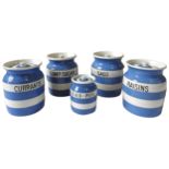 FOUR CORNISHWARE STORAGE JARS BY GREEN & CO LTD, blue and white banded, 16 cm high, along with a