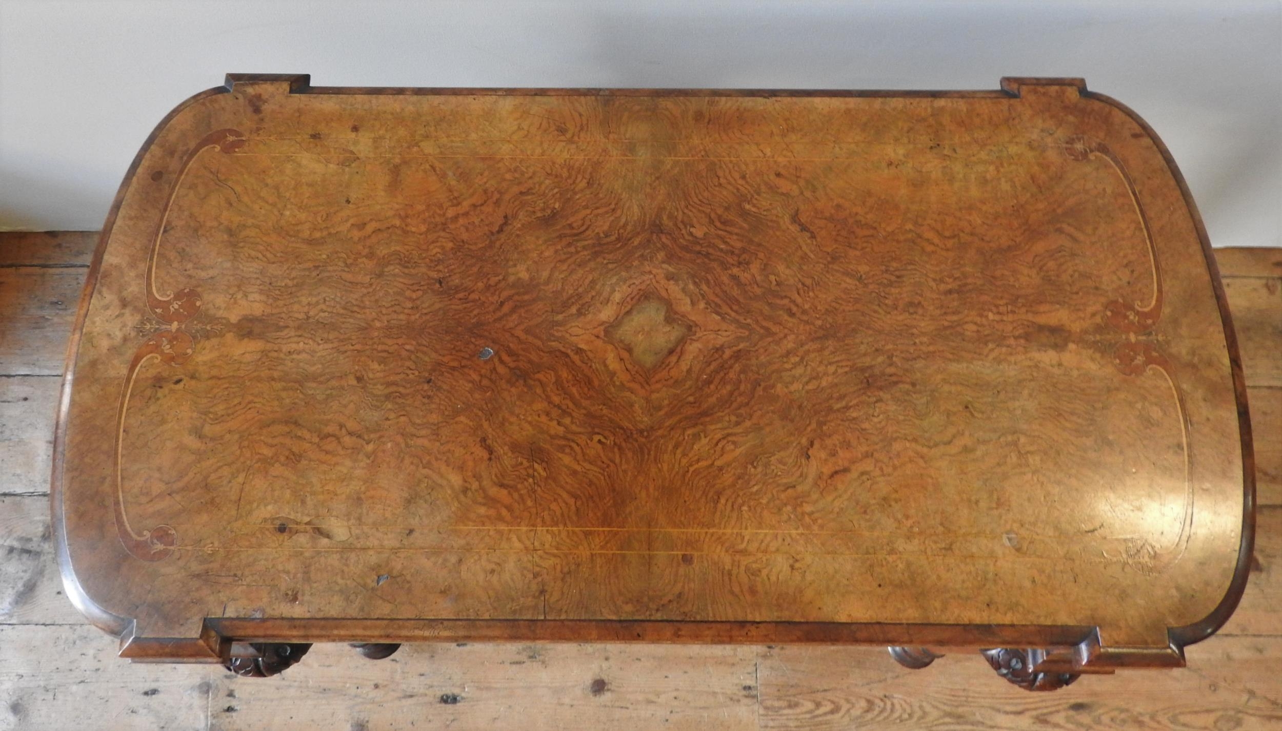 A VICTORIAN BURR WALNUT CARD TABLE, the swivel top folding open to reveal a baize lined interior, - Image 3 of 4