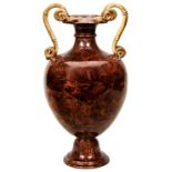 AN ITALIAN MARBLIZED-MAJOLICA GLAZED POTTERY VASE 19TH CENTURY the baluster vase with twin serpent