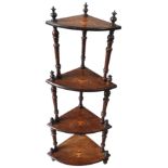 A LATE VICTORIAN MAHOGANY CORNER WHAT NOT, the four shelves decorated with marquetry Grecian urn