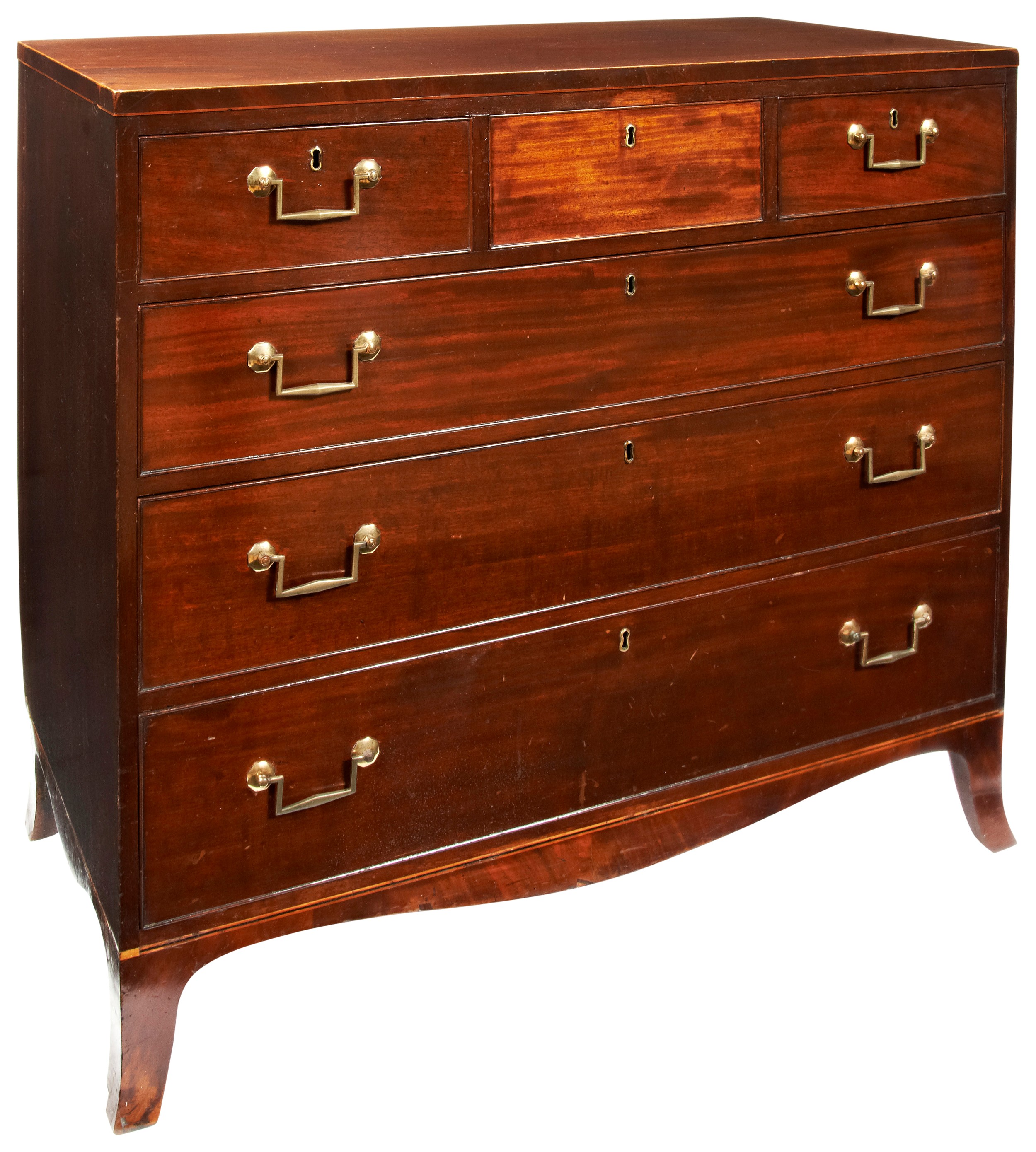 A GEORGE III SCOTTISH MAHOGANY CHEST OF DRAWERS, string inlaid plinth top, three short drawers - Image 2 of 2