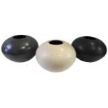 THREE 20TH CENTURY STYLISED 'PEBBLE' PLANTERS, compressed globular form in grey, cream and black