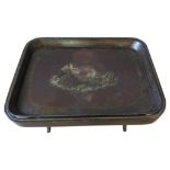 AN LATE 18TH / EARLY 19TH CENTURY PAPIER MACHE TRAY ON STAND, the painted galleried tray depicting a
