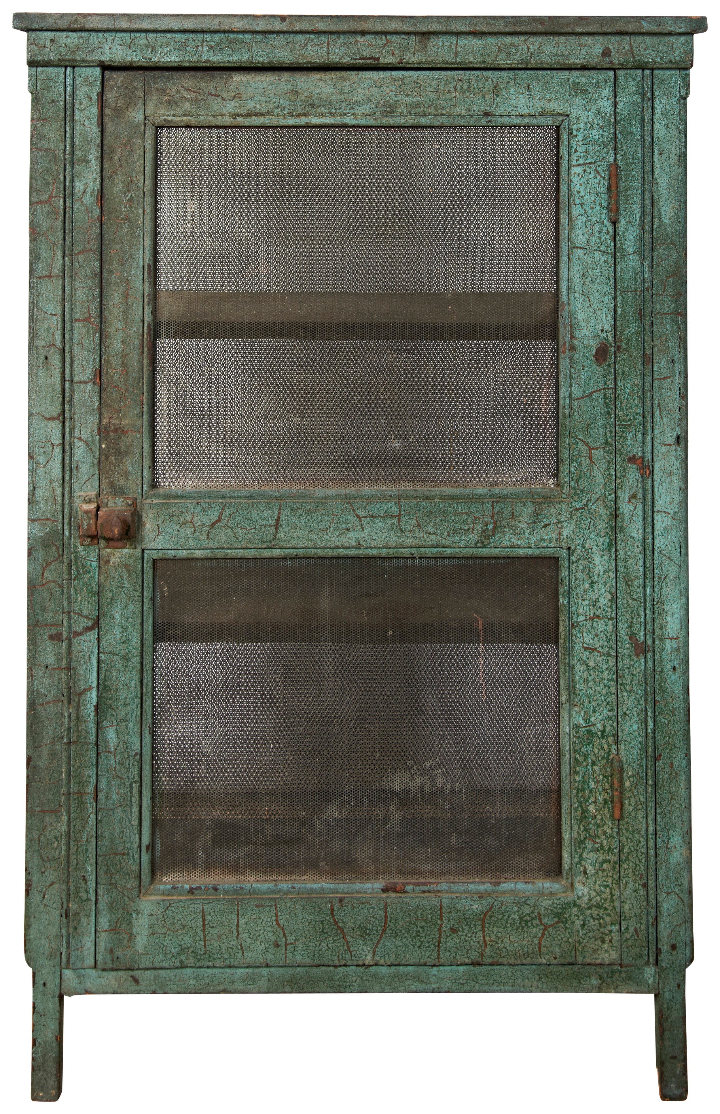 A VINTAGE PINE FOOD SAFE, circa 1920, attractive green craqleur paint finish, mesh panels