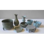 A MIXED GROUP OF EIGHT CELADON PIECES, 20th century, brush pot largest piece 15 cm high x 19 cm dia,