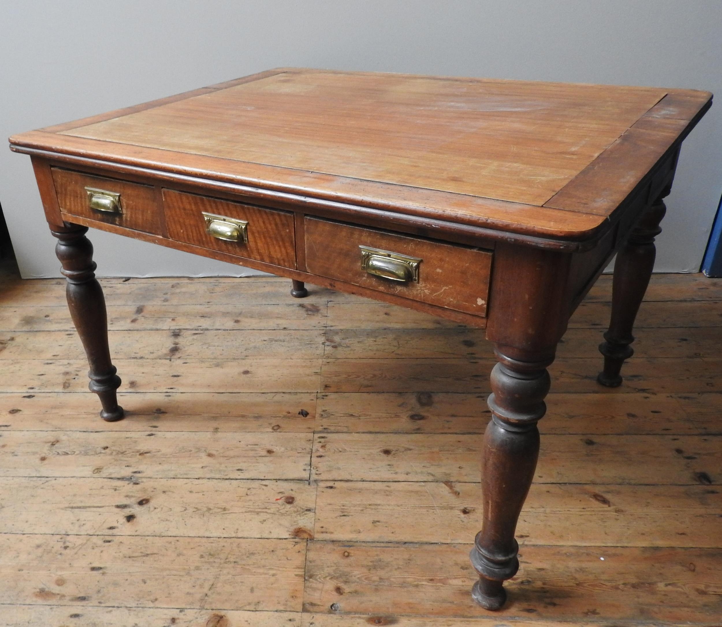 A 19TH CENTURY MAHOGANY LIBRARY TABLE, with three short frieze drawers on four turned baluster legs, - Image 3 of 3