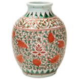 SMALL WUCAI 'LOTUS' JAR QING DYNASTY, 18TH / 19TH CENTURY the sides painted with lotus blossoms