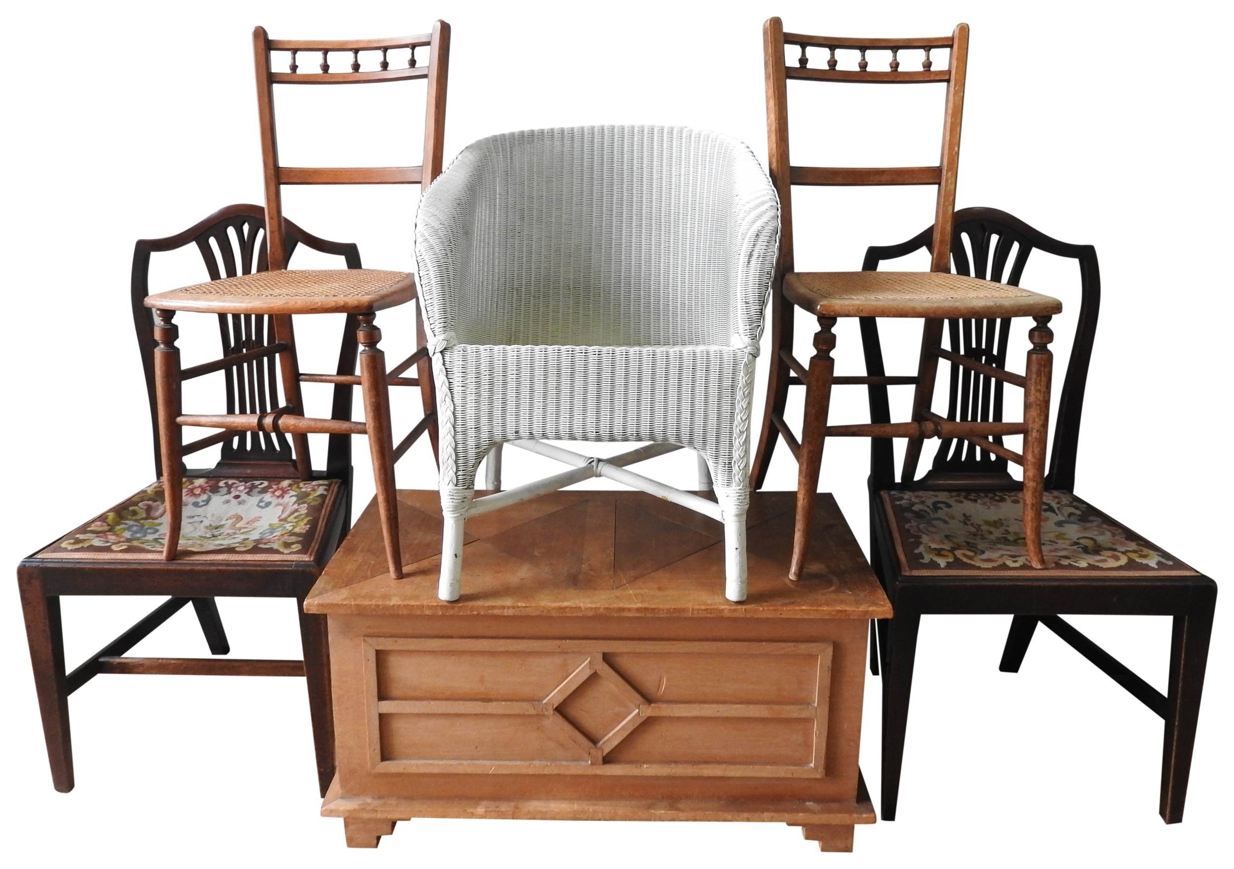 A WHITE LOOM BEDROOM CHAIR AND OAK PANELLED BLANKET BOX, along with a pair of cane seat chairs and a