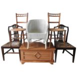 A WHITE LOOM BEDROOM CHAIR AND OAK PANELLED BLANKET BOX, along with a pair of cane seat chairs and a