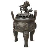 BRONZE ARCHAISTIC TRIPOD CENSER COVER MING DYNASTY, 17TH CENTURY the pierced cover surmounted by a