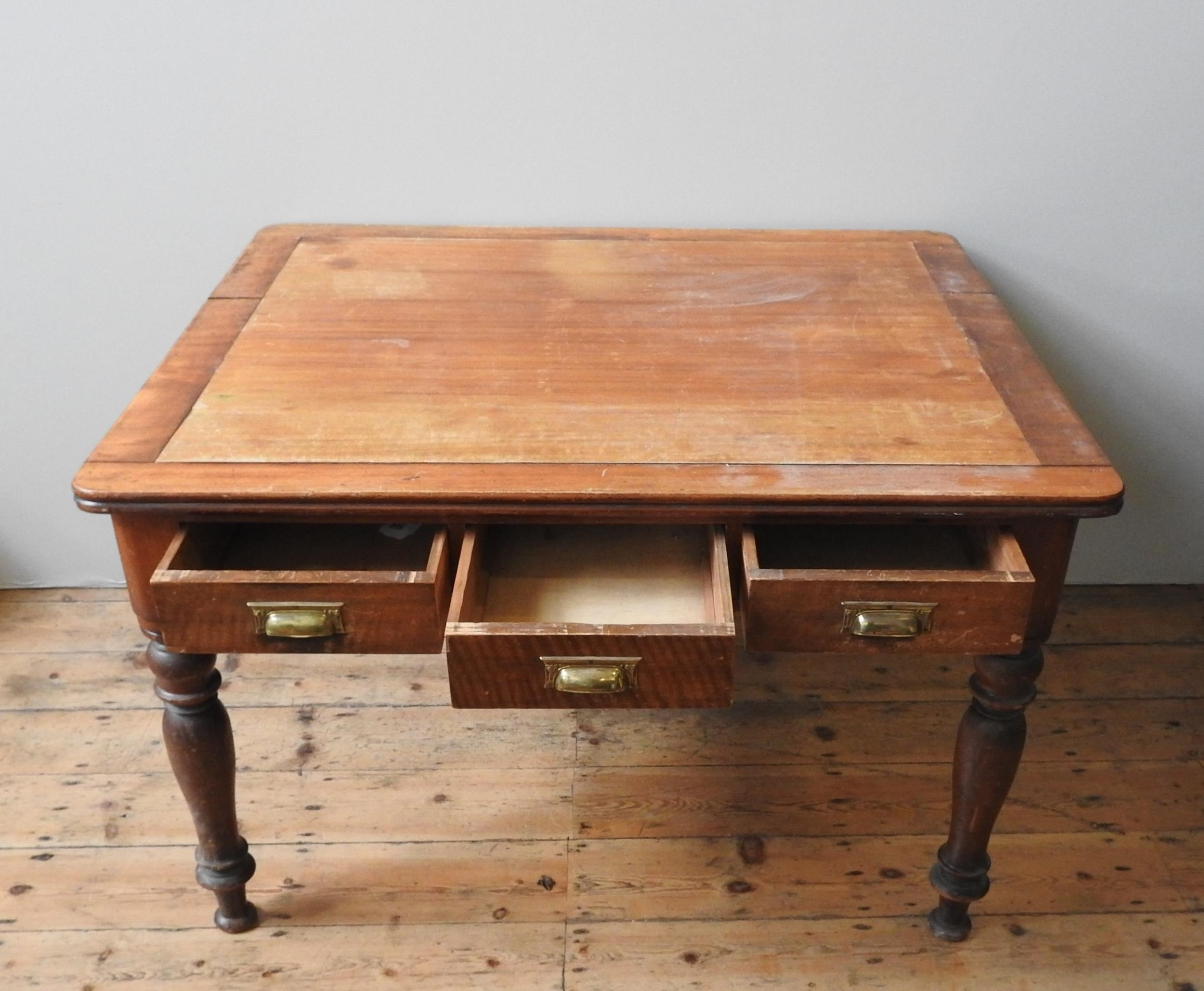 A 19TH CENTURY MAHOGANY LIBRARY TABLE, with three short frieze drawers on four turned baluster legs, - Image 2 of 3