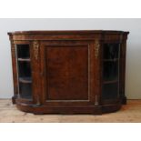 A 19TH CENTURY WALNUT CREDENZA BY EDWARDS AND ROBERTS, break front form with two bowed glass doors