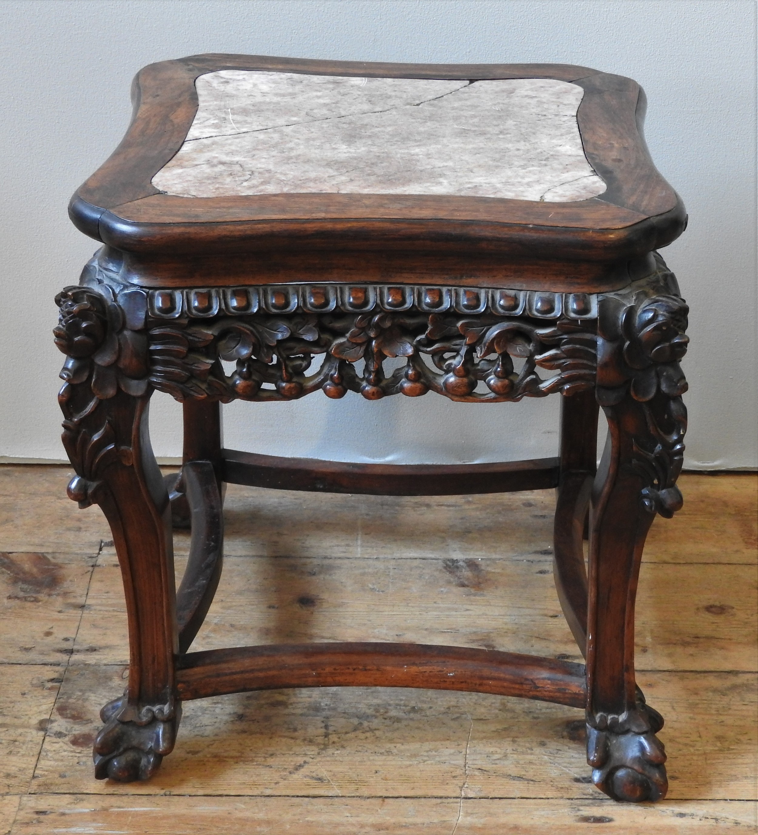 A CHINESE CARVED HARDWOOD MARBLE INSET STAND, Qing dynasty, 19th century, shaped square top with - Image 2 of 2