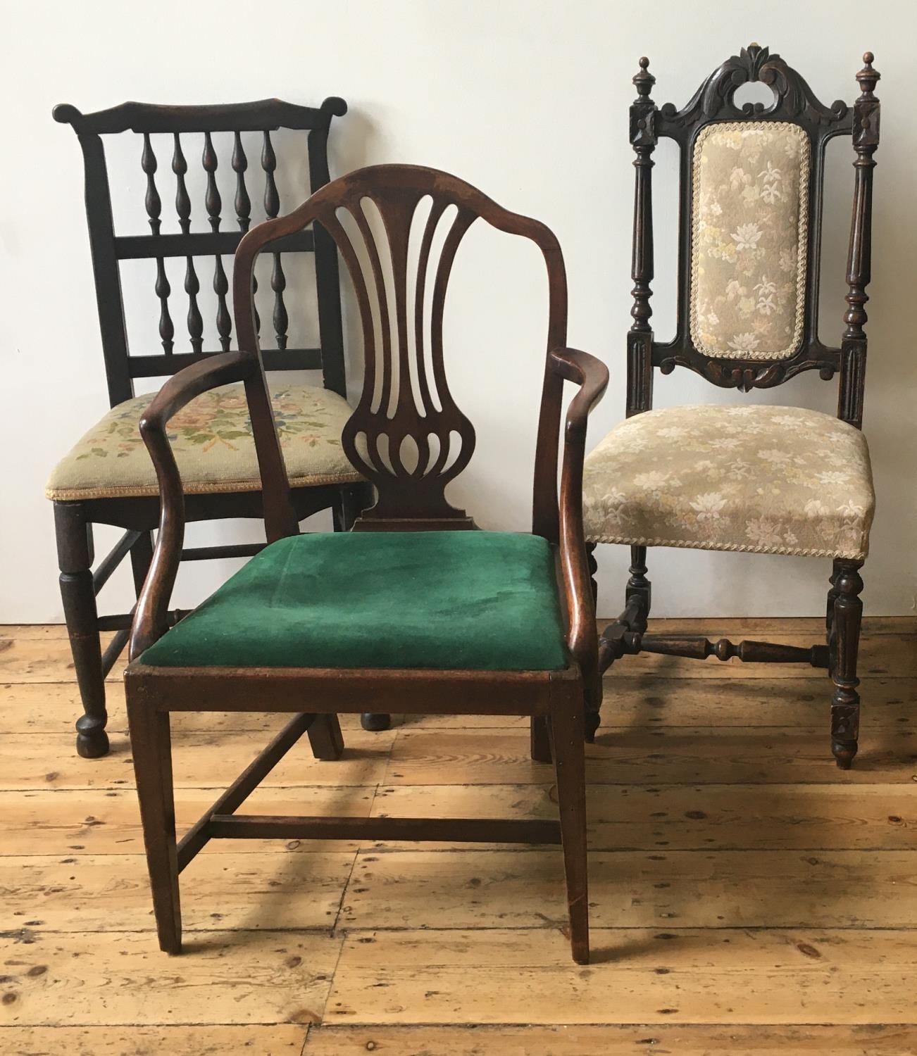 THREE 19TH CENTURY BEDROOM CHAIRS, the lot comprised of a spindle back tapestry seat chair,