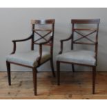 A PAIR OF EDWARDIAN MAHOGANY ARMCHAIRS, in the Sheraton style, string inlay decoration, on four