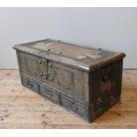 AN OMANI HARDWOOD BLANKET CHEST, three short frieze drawers with pierced decorative brass mounts and