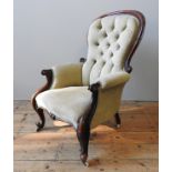 AN ELEGANT 19TH CENTURY ARMCHAIR, spoon back shaped mahogany frame with scroll arms, raised on
