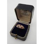 A 9CT GOLD GARNET AND SEED PEARL SET RING, the stones set alternately in two rows, UK ring size Q, 3