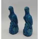 A PAIR OF TURQUOISE GLAZED SENCAI PARROT FIGURES