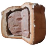 AN OVERSIZED PORK PIE THEATRICAL PROP, constructed from canvas covered polystyrene, 60 cm high x