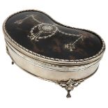 AN ELEGANT SILVER & TORTOISESHELL JEWELLERY BOX , kidney form with plush lined interior, the