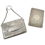 TWO EDWARDIAN SILVER CARD CASES WILLIAMS LTD, BIRMINGHAM 1905, one purse form with chain, sprung lid