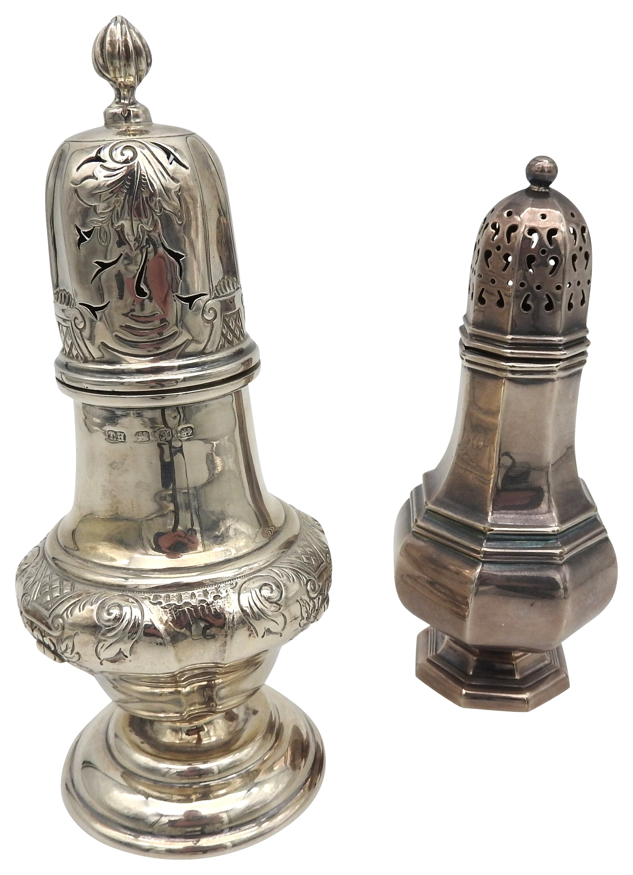 A STERLING SUGAR CASTER, tapered baluster form, with floral scroll repousse decoration to the