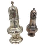 A STERLING SUGAR CASTER, tapered baluster form, with floral scroll repousse decoration to the