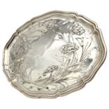 AN ART NOUVEAU SILVER TRAY, oval form with scroll edge, with floral repousse decoration 23.5 x 31