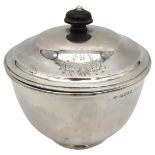 A LATE GEORGE III SILVER BOWL AND COVER, 12cm high, of simplistic form raised on a socle base, the