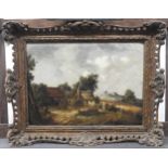 ENGLISH SCHOOL, 19TH CENTURY, ‘FIGURES BY A THATCHED COTTAGE’, oil painting on board 22 x 30 cm