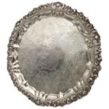 A GOOD QUALITY GEORGE III SILVER SALVER, rococo style scroll repousse border, foliate engraved