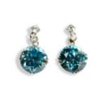 PAIR OF WHITE & BLUE ZIRCON DROP EARRINGS each with a four claw set blue zircon to a pierced under