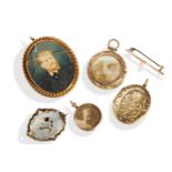 A COLLECTION OF FOUR LOCKETS AND TWO BROOCHES a glazed miniature locket with bearded gentleman,