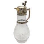 A VICTORIAN SILVER MOUNTED GLASS CLARET JUG, elegant faceted and cross hatch cut glass body, the