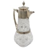 A SILVER MOUNTED GLASS CLARET JUG, tapered baluster form with graduated cut cane pattern, with