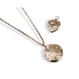 TWO EARLY 20TH CENTURY LOCKETS a chased, hinged double photo, heart shaped locket. Marked 9ct,