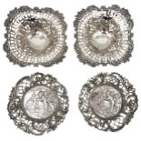 TWO PAIRS OF LATE VICTORIAN SILVER SWEET MEAT DISHES, BIRMINGHAM 1892, one pair with ornate repousse