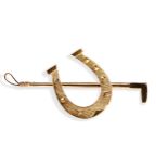 A 20TH CENTURY RIDING CROP AND HORSE SHOE BAR BROOCH Brooch pin fitting Marked, 750, Makers mark,