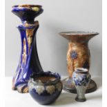 A ROYAL DOULTON ART NOUVEAU JARDINIERE, BALUSTER VASE AND TWO JARDINIERE STANDS (EARLY 20TH