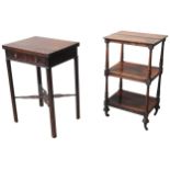 A LATE REGENCY ROSEWOOD WHATNOT AND VICTORIAN MAHOGANY TEA TABLE, whatnot comprised of three shelves
