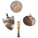 TWO GEORGE III PRESENTATION LABELS, A VICTORIAN CROWN COIN AND A BONE HANDLED SEAL, the oval